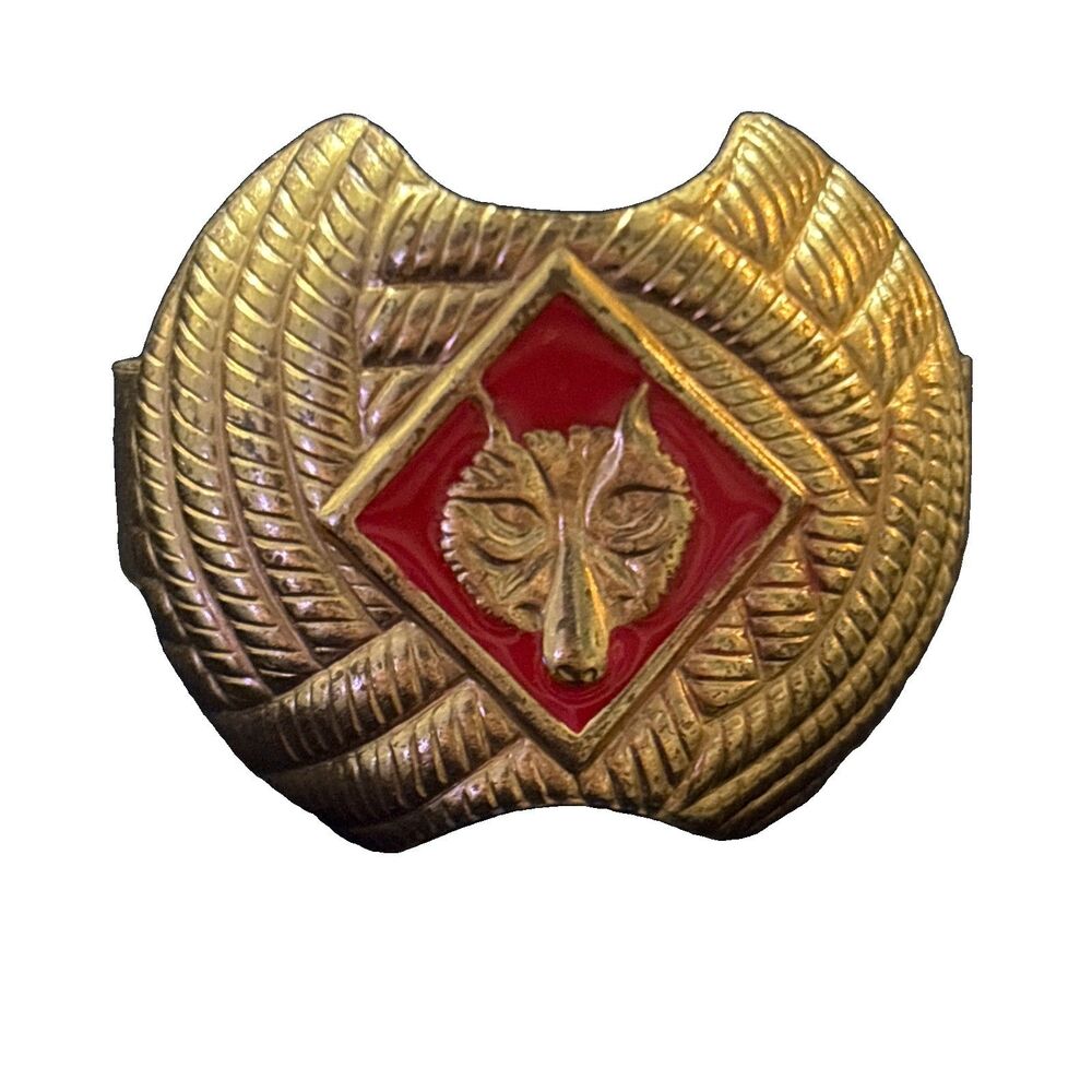 Vintage Cub Scout Wolf Neckerchief Slide Gold Tone Red Emblem Boy Scouts